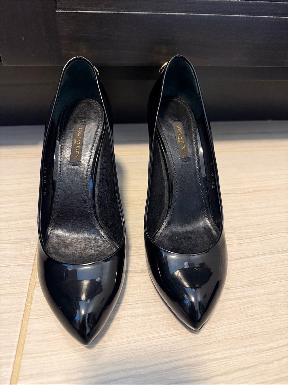 Louis Vuitton Black Patent Pointed-Toe Padlock Pumps